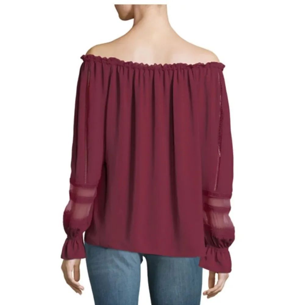 Ramy Brook Thea Off the Shoulder Long Sleeve Chiffon Blouse Top in Burgundy XS - Picture 2 of 8